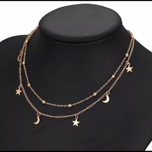 Gold Plated Double Layer Star & Moon Necklace